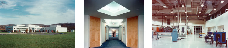 photo of exterior of building, hallway and lab