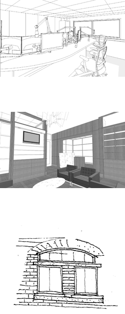 three architectural sketches