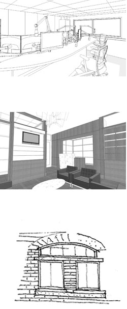 three architectural sketches
